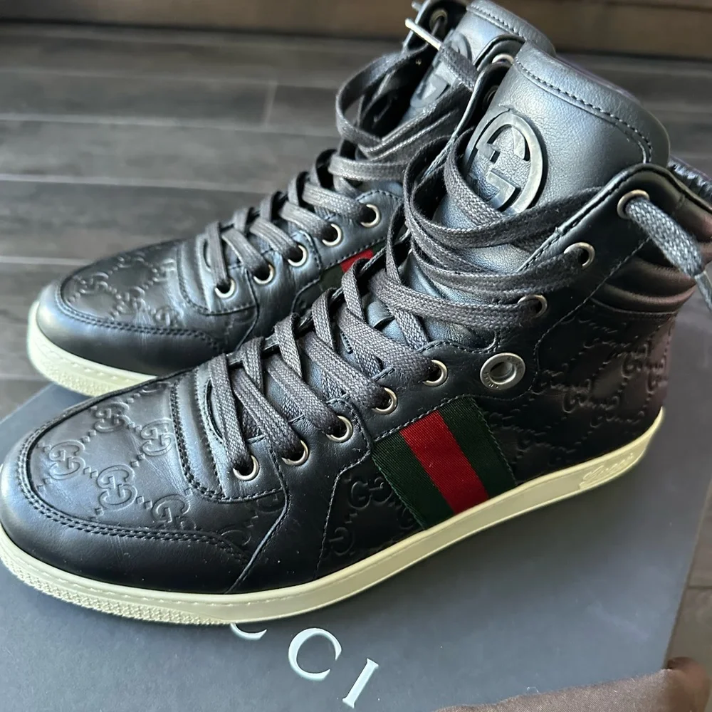 Gucci Black Leather High-Tops with Red and Green Stripes - Picture 1 of 7